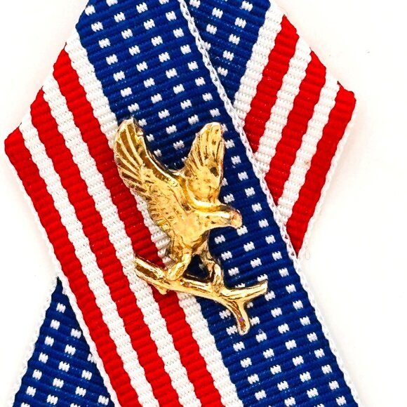 Vintage Patriotic Ribbon Pin w/Gold Tone Eagle On American Flag - Picture 2 of 5